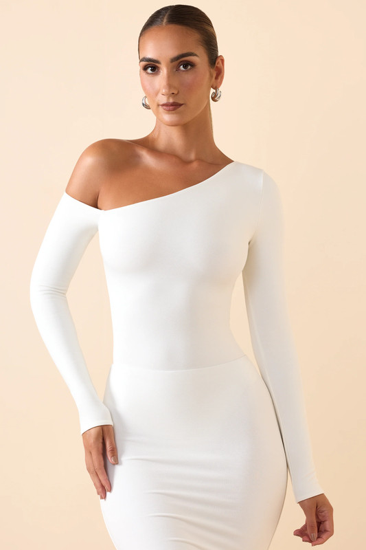 Modal Off-Shoulder Bodysuit in White - Size:L